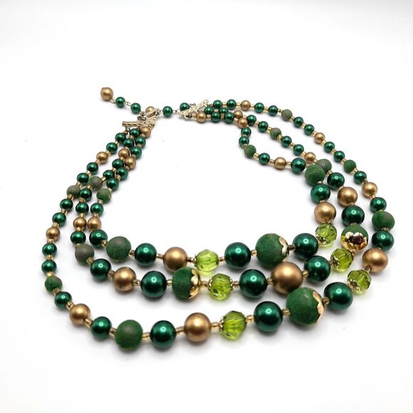 Vintage Japan 3-Strand Green Faux Pearl and Gold Tone Bead Necklace, 16" - Picture 6 of 16